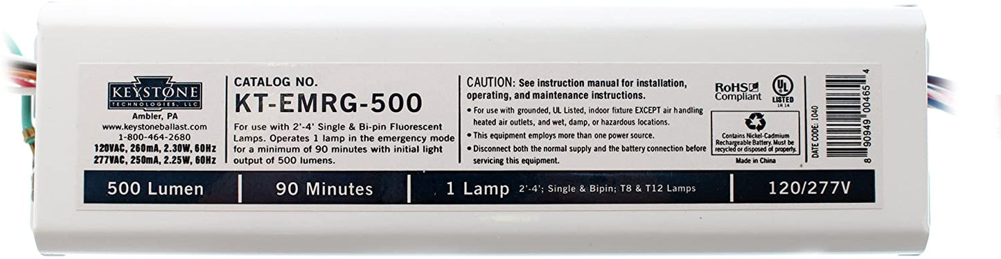 Keystone KT-EMRG-500 Fluorescent Emergency Ballast, 1-Lamp, 120/277V, 500-Lumen